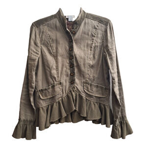 Sundance Jacket Womens Small Green Laurel Legends Linen Tencel Ruffle Military